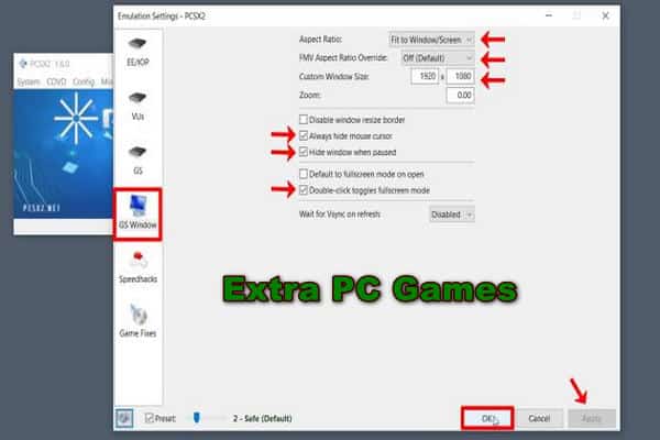 Step 12 Click on GS Window option and select Aspect Ratio Fit To Windows Screen and also you add Custom Window Size then Apply this settings and click OK